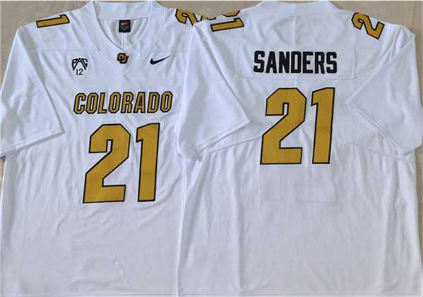 Men%27s Colorado Buffaloes #21 Shilo Sanders White 2023 With PAC-12 Patch Stitched Football Jersey